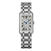 Quadrante color argento flinqué con indici a numeri romani e piccoli secondi a ore 6 dell'orologio Longines Dolcevita 3